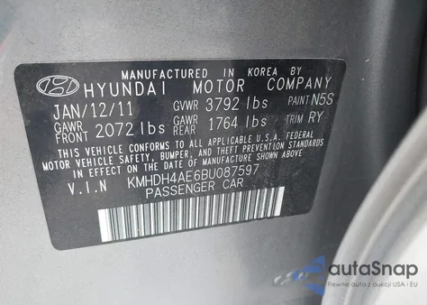 2011 Hyundai Elantra Limited (Ulsan Plant) z USA, uszkodzony, nr VIN KMHDH4AE6BU087597